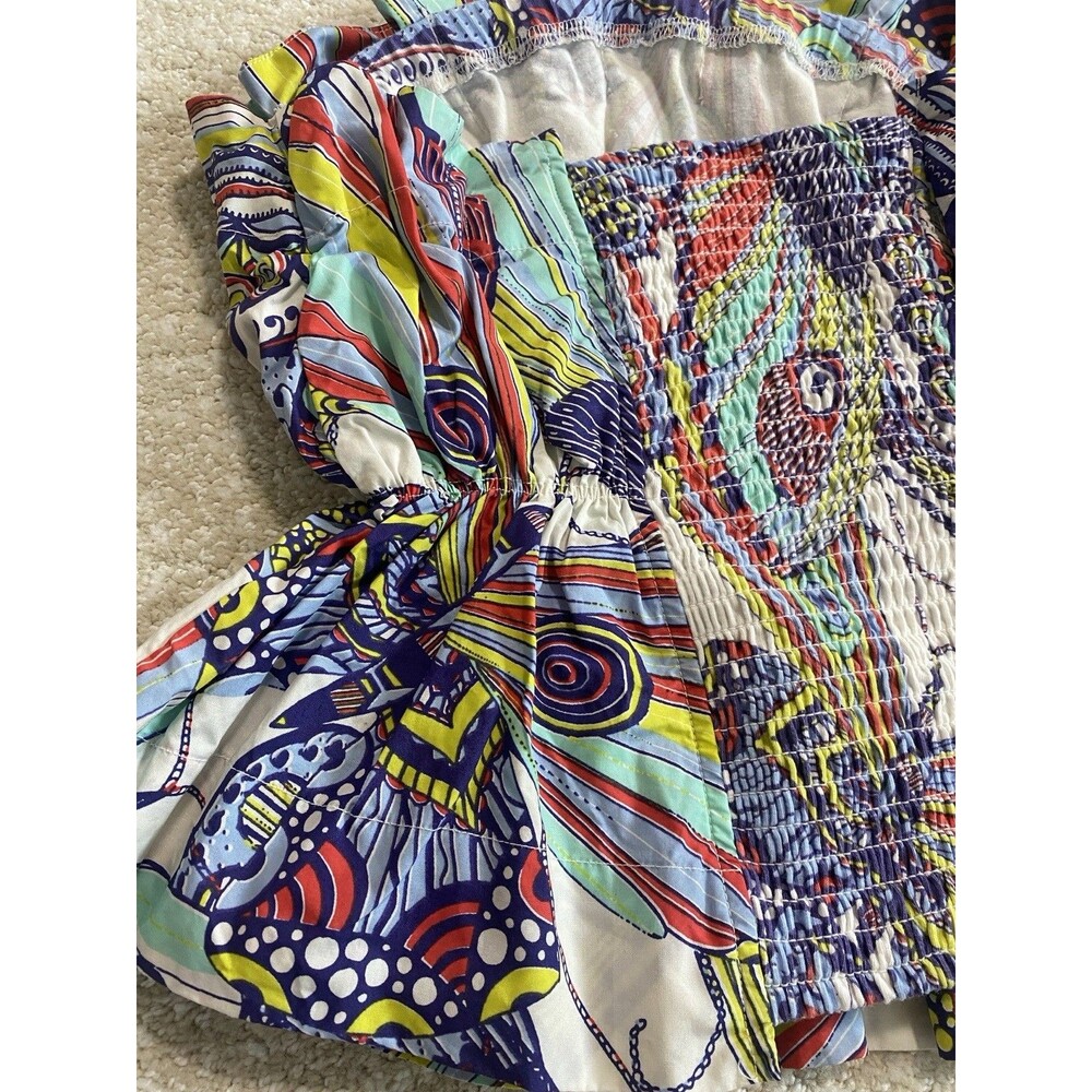 Anthropologie Strapless Smocked Ruffle Blouse Multicolor Cotton Abstract XS - Picture 8 of 10